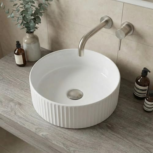 BAYSTONE Fluted Countertop Basin Sink, Gloss White Round Ceramic Bathroom & Cloakroom Wash Basins, Modern Designer Vanity Bowl, 360 x 360mm