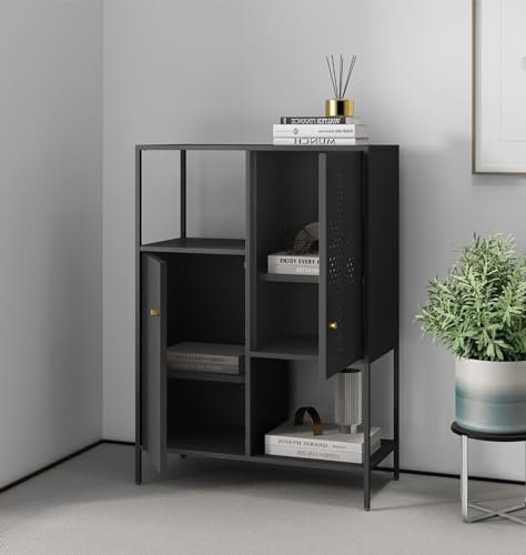 Hallowood Furniture Bewdley Side Display Unit with 2 Doors, Small Black Metal Bookcase, Modern Metal Cabinet, Office Shelving Unit, Display Unit for Living Room & Hallway