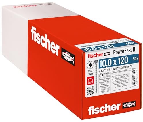 Fischer - Tirefond PowerFast FPF II HWTF 10,0x120 revêtement zingué, Filetage Total, tête hexagonale avec Empreinte Torx/Boîte de 50