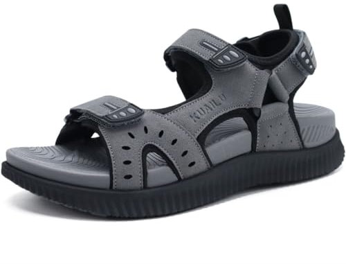 KuaiLu Mens Leather Hiking Sandals with Arch Support Orthopedic Sport Recovery Athletic Walking Sandals For Man Outdoor Summer Casual Thick Cushion Beach Water Fisherman Sandal, size 11 Grey