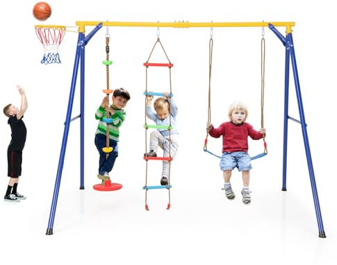 GYMAX Set di Altalene per Bambini 4-in-1, Supporto per Altalena in Acciaio al Carbonio da 300 kg con 1 Canestro, 1 Altalena, 1 Scala Arrampicata, 1 Altalena a Corda con Disco, per Bambini 3-9 Anni