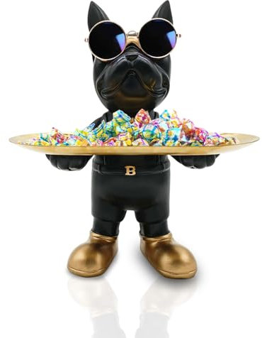 Huhote Bulldogge Sculpture mit Tablett, Französische Bulldogge Skulptur Deko, Hund Schlüssel Schale, Bulldogge Figur Statue, für Flur Wohnzimmer Büro Eingangsbereich Desktop Ornament (Schwarz)