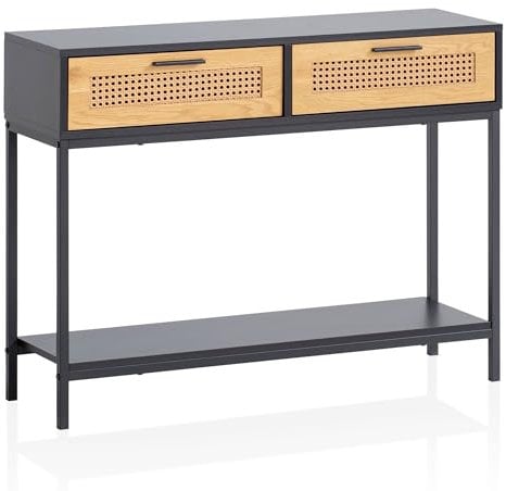 Wohnling Table console noire 100 x 30 x 75 cm, design buffet, table de rangement, étroite avec treillis viennois - Table de couloir avec tiroirs et étagère - Table d'entrée longue haute en rotin