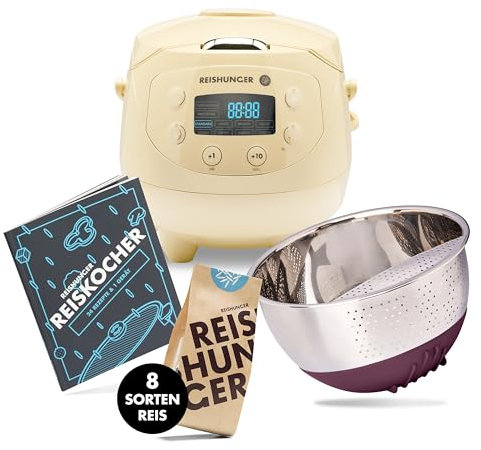 REISHUNGER Digitaler Reiskocher klein, hellgelb | 0,6 L bis 3 Personen | 11-teiliges Starterset inkl. Reiswaschschüssel, Kochbuch & 8 Sorten Reis