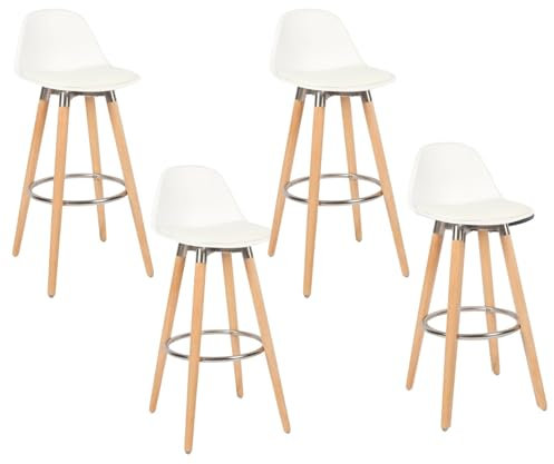 Box and Beyond Juego de 4 Taburetes de Bar de Madera, Silla Alta para Bar, Silla de Cocina - Altura 91 cm - Taburete Blanco con Reposapiés