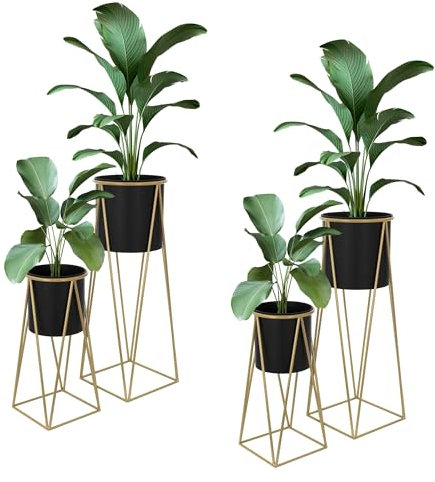 ML-Design Blumenständer 4er Set, Schwarz-Gold, 21,8x22x47cm/25x25x71cm, Stahl, Blumentopfständer mit Übertopf, Metall Pflanzenständer, Blumentopfhalter 4-TLG, Pflanztopf Deko Blumensäule Blumenhocker