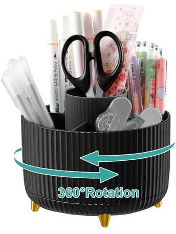Lenfuos Schreibtisch Organizer, 360 Grad drehbarer Büro-Organizer Stifthalter, 5 Sortierfächer für Stifte, Hefter, Ordnerklammern, Haftnotizen, Platzsparendes Desk Organizer (Schwarz)