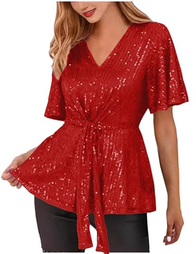 Womens Sequins Sparkly Glitter Festival Party Shirts Tunic Tops Blouse Peplum Tops Swing Shirts Short Sleeve Deep V Neck Dressy Blouse Going Out Loose Tee Shirt Top UK Size Red L