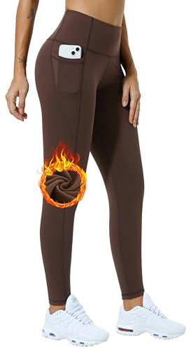 Enjoyoga Legging thermique pour femme avec poches [pour l'hiver] – Legging de sport taille haute Pantalon de course Pantalon de yoga Convient pour le sport et la vie quotidienne, marron, S