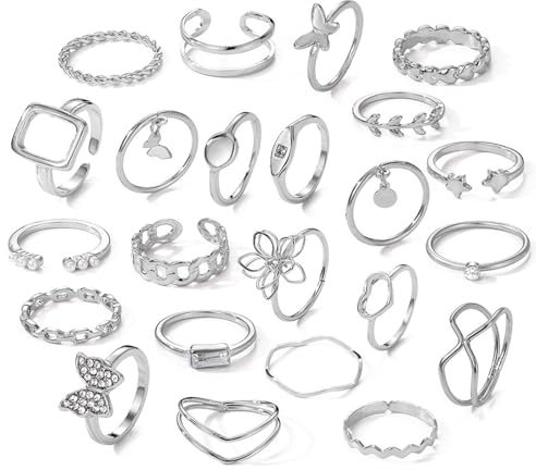 XSDSLS 20-31 Stück Vintage Knuckle Rings für Damen Böhmische Stapelbare Ring Gold Silber Offene Daumen Ringe Set Midi Finger Ringe Schmetterlings Herz Fingerring für Frauen (Silber Set 2-23 Stück)