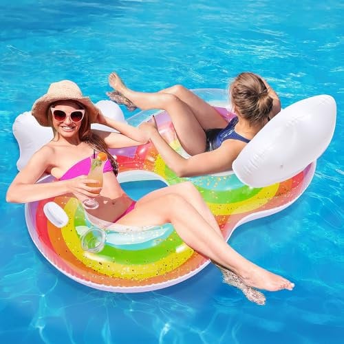 MoKo Aufblasbare Wasserhängematte mit 2 Plätzen, Pool Luftmatratze Hängematte mit Becherhalter & Griffe, Lounge Schwimmbad Spielzeug Schwimmbett für Party See Sommer Strand Outdoor, Regenbogen&Wolken