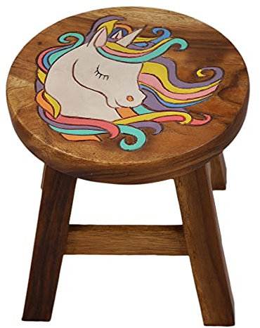 Tokoindah Kinderhocker Holz Massiv - Handgefertigter Kinderstuhl mit eingeschitztem Einhorn Motiv, Runder Schemel für Kinder;