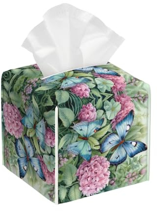 Mexpekil Square Tissue Box Cover Spring Hydrangea Butterflies Pu Leather Tissue Box Cover Cube Tissue Box Holder For Bathroom Car Napkins Facial Tissue Dispenser Cover