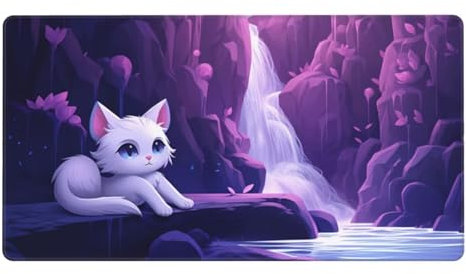 Tappetino mouse XXL gaming 1400x600x4mm Grande impermeabile tappetino scrivania, Base in gomma antiscivolo, Bordi cuciti, per PC keyboard, laptop, migliora precisione e la velocità gattino viola Y6890