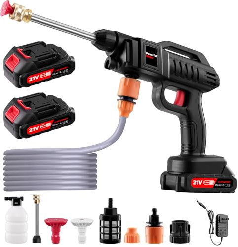 Hidrolimpiadora de Bateria, 3000W Hidrolimpiadora de Alta Presión Portátil, 200Bar/870 PSI Pistola Agua Presion Bateria, Con 2 Baterías, 2 Boquillas, Manguera de 5 Metros Press & Clean Pistola Lavado.