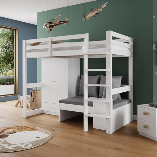 Kinderbett Etagenbett 90x200, Platzsparendes Hochbett mit Kleiderschrank&Sofa mit Stauraum&Schubladen&Kissen&Auflagen,Funktionsbett Stockbett Stauraumbett Jugendbett mit Lattenrost,Ohne Matratze,Weiß