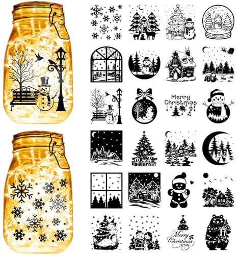 CREATCABIN 24Stück Silhouette Glasaufkleber Weihnachts Einmachglas Aufkleber PVC Weihnachtsbaum Schneeflocke Schneemann Schwarze Stanz Aufkleber Für DIY Scrapbook Laternengläser Windows Basteln 10x9cm