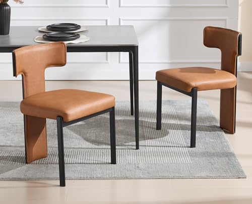 DAYALANE Esszimmerstühle 2er Set, mit T-förmiger Rückenlehne, Braun | Polsterstuhl aus Kunstleder, Wohnzimmerstühle mit Metallbeinen, Küchenstuhl für Esszimmer & Wohnzimmer