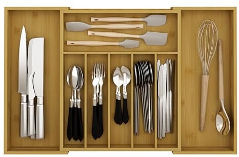 woodluv Extendable Wooden Cutlery Drawer Organizer, Utensil Tray for Kitchen, Drawer to Hold Utensils, Kitchen Storage Accessories Office Supplies