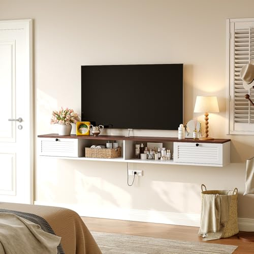 FloatiCasa 120cm Walnut & White Floating TV Unit, 2 Doors & 2 Open Cabinets | Plywood construction, cable management hole, easy assembly, includes toggle bolts for drywall, for living room and bedroom
