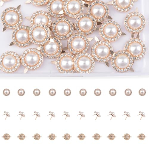 URROMA 30 Stück Splinte Metall Papierklammern Mini Brads Runde Weiße Strass Scrapbooking Brads Mit Aufbewahrungsbox Für Papierbasteln DIY Stempeln (Gold)