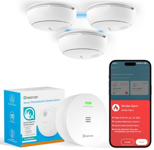 Heiman Rilevatore di Fumo Smart – Set da 3 con Gateway e Controllo tramite App, Batteria 10 Anni, Q-Label e EN 14604, Rilevatori di Fumo Wireless Interconnessi con Supporto Magnetico, Bianco