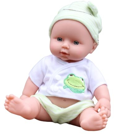 Perfeclan 30 cm Hellhäutige WeichkörperSpielzeugpuppe Afrikanische Neugeborene SpielzeugSpielzeugpuppe BabySpielzeugpuppe mit Kleidung, Babypuppe mit Schlafaugen für Kinder ab 3 Jahren, Grüner Frosch