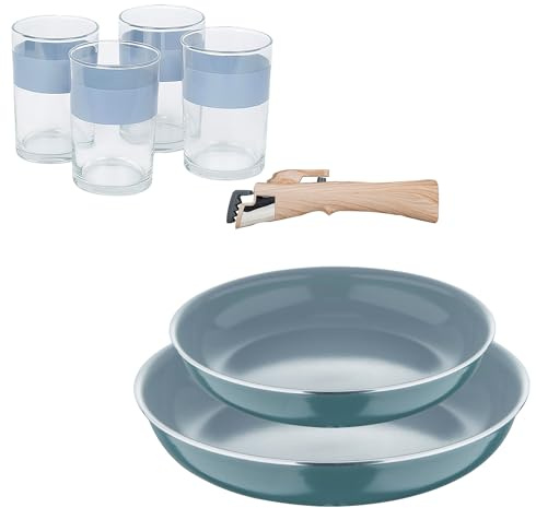 Bergner Click&Cook Juego de 2 Sartenes Ø24Ø28cm Aluminio prensado reciclado Verde con Mango extraíble+Juego de 4 Vasos de 0,5L