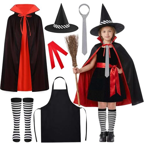 Kavoc Witch Costume Accessories Include Witch Cape Hat Tie Apron Socks for World Book Day Theme Party Dress Make Up