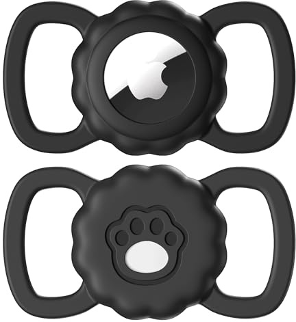 Maledan 2 Stück Airtag Hundehalsband Kompatibel mit Apple AirTag GPS Tracking Finder - Silikon Wasserdicht Airtag Hülle mit Pfotenmuster für Katzenhalsband Airtag Schutzhüllen Zubehör, Schwarz+Schwarz