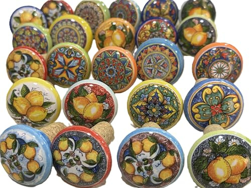 Tappo per Vino e Champagne in Ceramica Artigianale - Decorato a Mano con Limoni o Maioliche - Tappo in Sughero Naturale per Bottiglie - Regalo Gourmet (4, Maioliche (casuale))