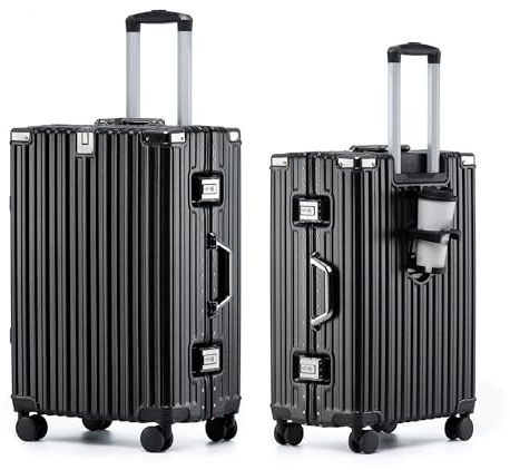 Aoliwei Größe Koffer L 73cm - Alurahmen Hartschalenkoffer aus 100% Polycarbonat, ca. 90L - Premium Reisekoffer mit Getränkehalter & TSA-Schloss - Leiser 4-Rollen Trolley - Schwarz