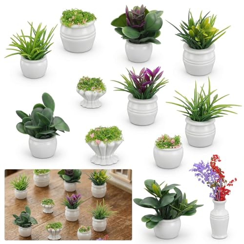 Miniature Dollhouse Plants, Artificial Fake Greenery Faux Flower Set | Realistic, with Pots, Tiny Potted Bonsai, Hanging Basket Accessories, for Doll House, Garden, Terrarium, DIY Crafts Decor
