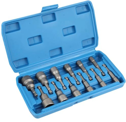 HXOOXH 12PC Magnetic Nut Driver Socket Set, 6.35mm Hex Shank, Metric & Imperial Sizes with Blue Storage Case, Heavy Duty for Drill & Screwdriver
