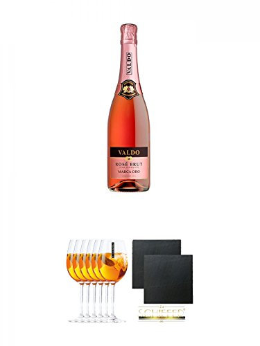 Valdo Marca Oro Rose Brut Italien 0,75 Liter + Scavi & Ray Prosecco Sprizzione (kein Grünstich) Rastal Glas 6 Stück + Schiefer Glasuntersetzer eckig ca. 9,5 cm Ø 2 Stück