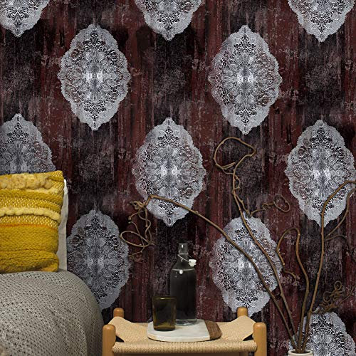 JZ122 Vintage Luxury Brown Damask Wallpaper Roll, Stereo Deep Embossed Flower Vinyl Wallpaper for Bedroom Living Room Hotel Wall Decoration 20.8 x 393.7