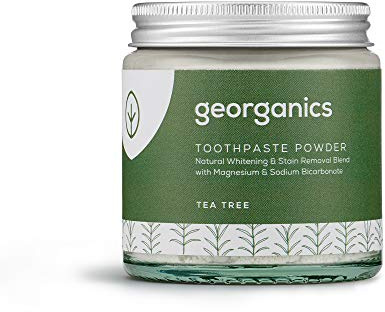Georganics Mineral Toothpaste Powder - Tea Tree - Stain Removing & Teeth Whitening Powder - 100% Natural - SLS, Glycerine & Fluoride Free - Certified Cosmos Natural, Vegan and Cruelty-Free - 120ml