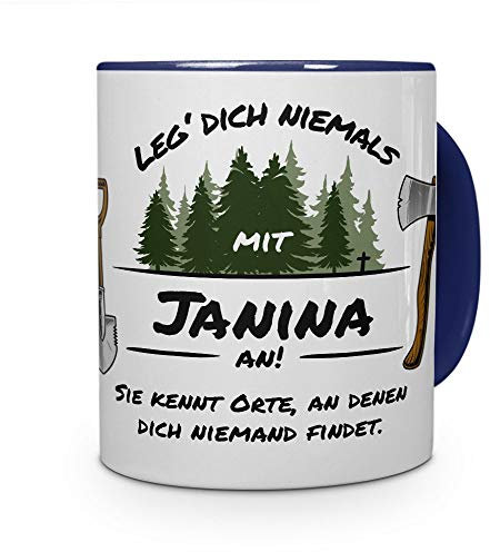 printplanet Tasse - Leg Dich Nicht mit Janina an - Namenstasse, Kaffeebecher, Mug, Becher, Kaffeetasse - Farbe Blau