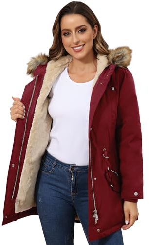 ROYAL MATRIX Women's Wine Winter Anorak Parka, Fleece Lined, Long, Windproof, Water-Resistant, 8
