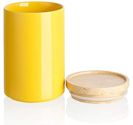 SWEEJAR Kitchen Canisters Ceramic Food Storage Jar, Stackable Containers with Airtight Seal Wooden Lid for Serving Ground Coffee, Tea, Sugar, Salt and More - 795 ml (Yellow)