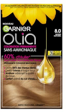 Garnier Permanente Haarfarbe – ohne Ammoniak – mit natürlichen Blütenölen – Naturblond (8,0) – Olia