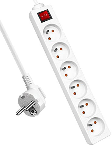 Extrastar Multiprise 6 Prises avec Interrupteur, 2P + T, Bloc 6 Prises avec sécurité Enfant, Extension d'alimentation de 1.5 Mètre, 16A 230 V, Blanc