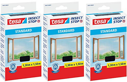 tesa Insect Stop Standard Lot de 3 moustiquaires pour fenêtre - Découpable - Protection anti-moustiques sans perçage - 1 filet anti-mouches - Anthracite - 130 cm x 150 cm