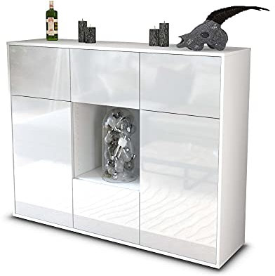 Stil.Zeit Highboard Kommode Milou, Korpus Weiss matt, Front Hochglanz-Design Weiß (136x108x35cm), Push-to-Open Technik & Leichtlaufschienen