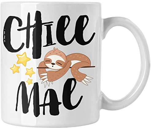 Trendation - Chill Mal Lustige Tasse für's Büro Arbeit Kollegin Männer Frauen Kaffeetasse Faultier Kinder Sprüche (Weiß)