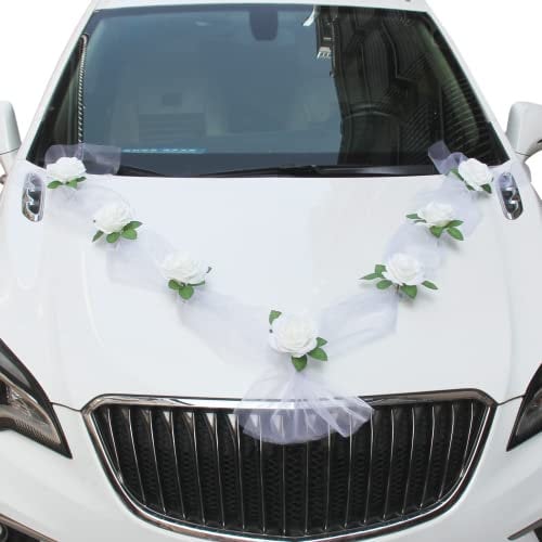 Noa Home Deco - Autoschmuck Hochzeit Blumenschmuck Hochzeitsdeko Auto Schmuck Braut Paar Rose Deko Dekoration Hochzeit (Weiß)