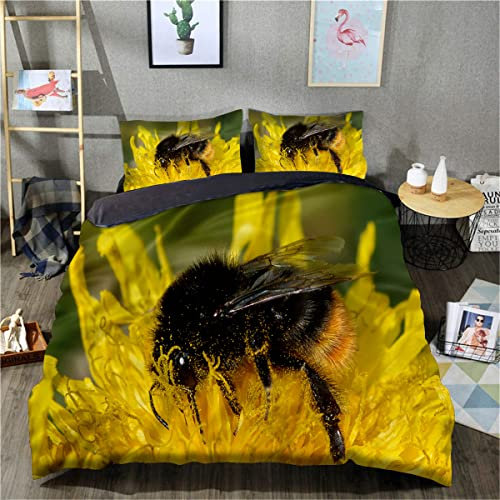 3D-gedruckte Bettwäsche, Bettbezug, Bumblebee-Bettwäsche-Set, 3-teilig, weicher Mikrofaser-Bettbezug (King-Size-Größe 220 x 240 cm, 1 Bettbezug + 2 Kissenbezüge)