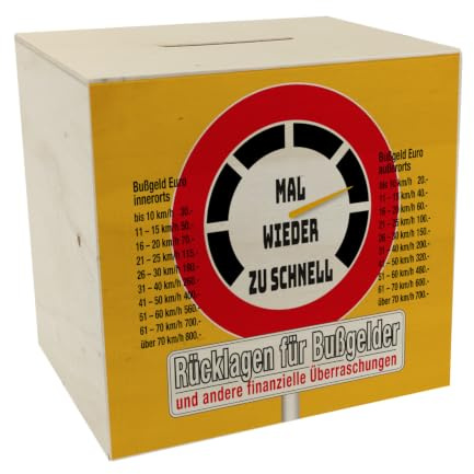 Zu schnell gefahren Bußgeld Spardose aus Holz in orange mit Straßenschild Motiv um für einen Strafzettel zu sparen für den Führerschein mit Bußgeldkatalog für Autofahrer