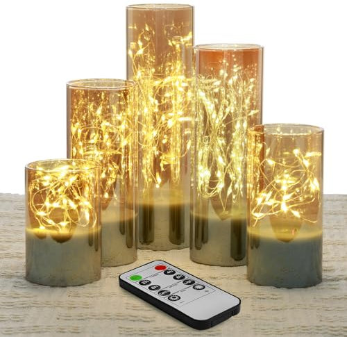 Eywamage Slim Amber Gold Glass Flameless Candles with Remote LED Lights, Flickering Battery Operated Christmas Candles Φ 2 H 3 4 5 6 7