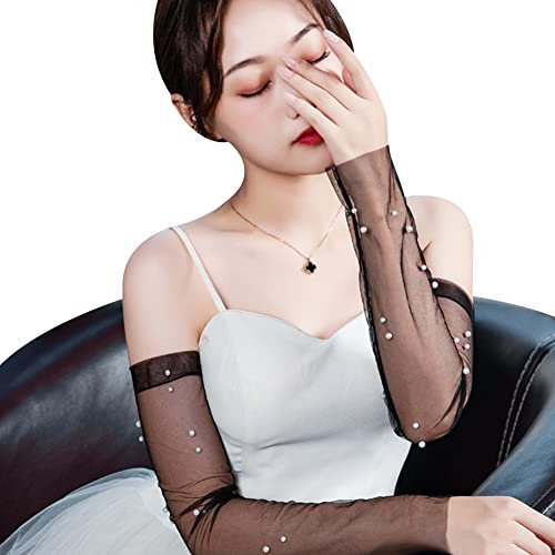 URFEDA Damen Spitze Elegant Handschuhe mit Perle Kühlung Arm Ärmel Netzhandschuhe Lang Armstulpen Atmungsaktiv Armschutz Mode Sexy Kostüm Accessoires Sommer Frauen Brauthandschuh Hochzeit Abend Party